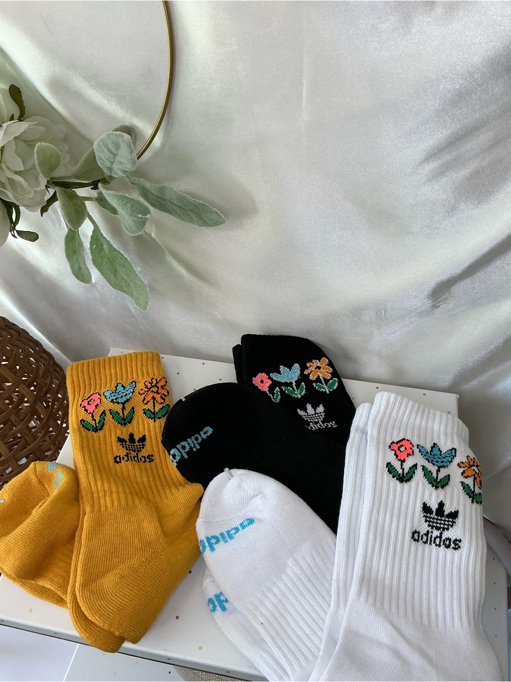 NWOT Adidas Floral Crew Socks - Mustard, Black, White Medium